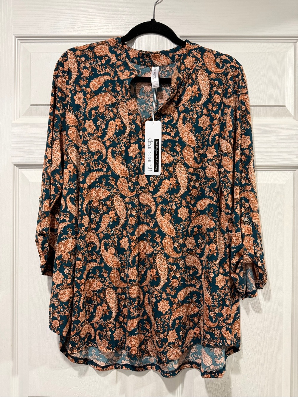 Dear Scarlett Teal and Rust Paisley V-Neck Roll-Tab Blouse